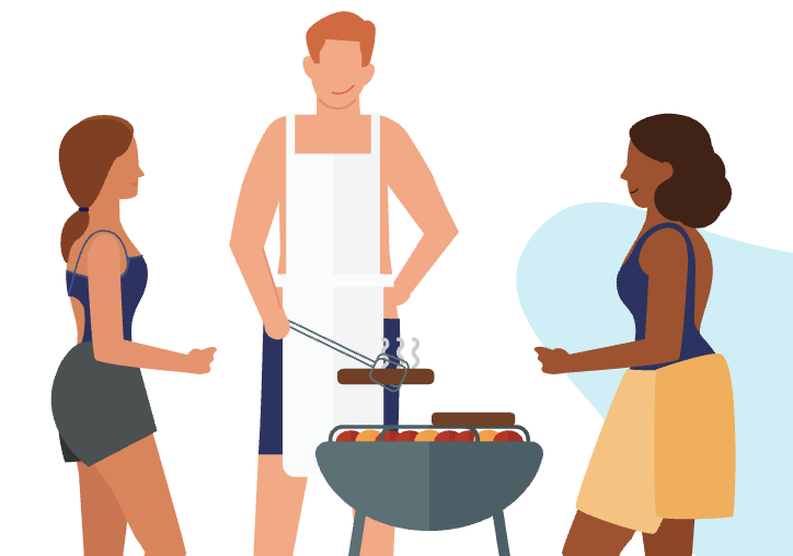 Cartoon characters around a grill by the pool